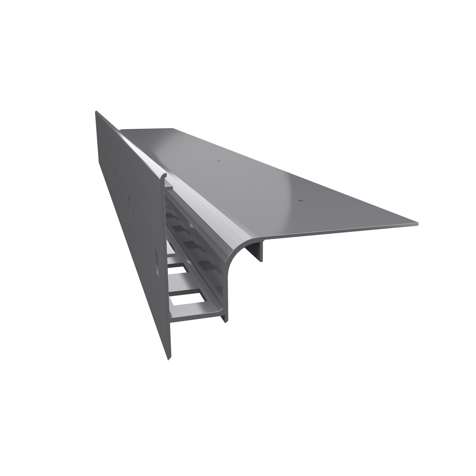 Aluminiowy profil okapowy do wykończenia krawędzi tarasu wentylowanego, widok produktu na białym tle.