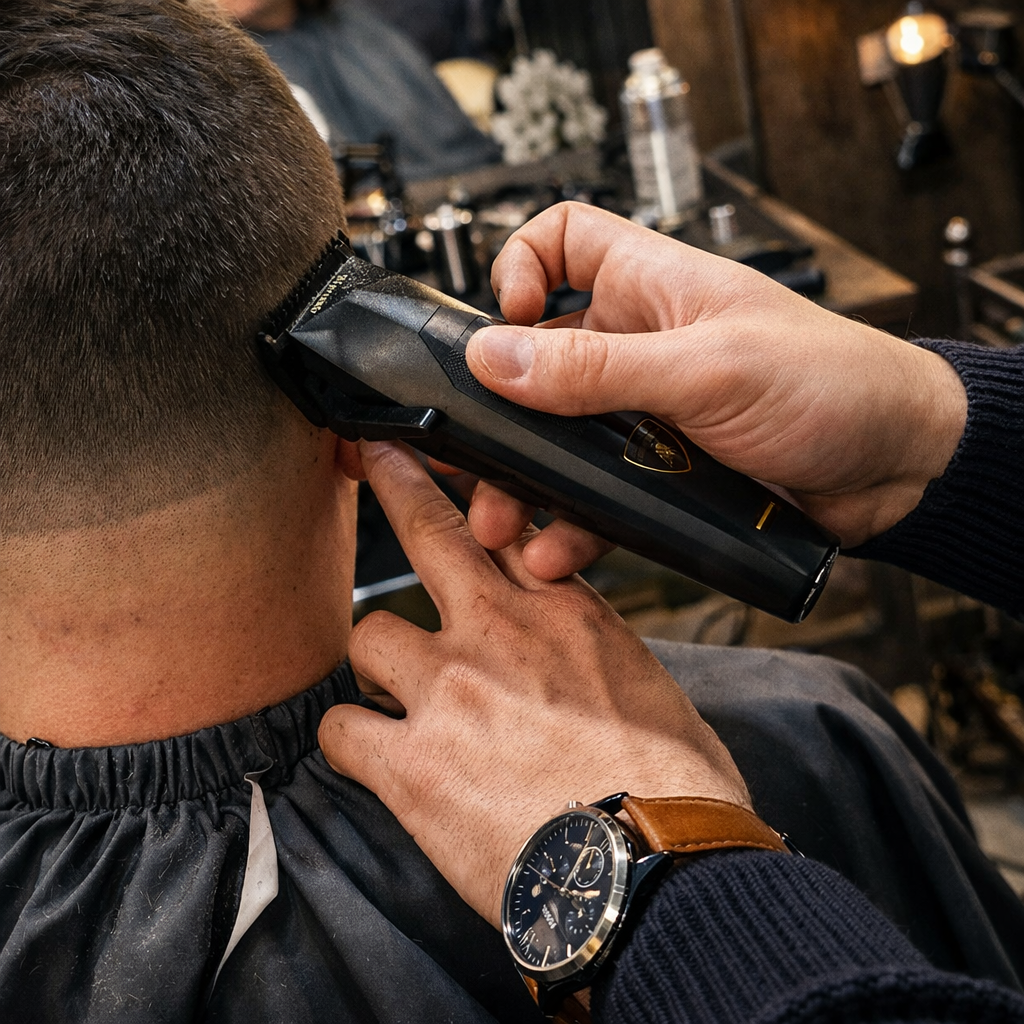 Fryzjer przycina włosy mężczyzny maszynką, wykonując precyzyjne cieniowanie w okolicy karku w profesjonalnym salonie barberskim