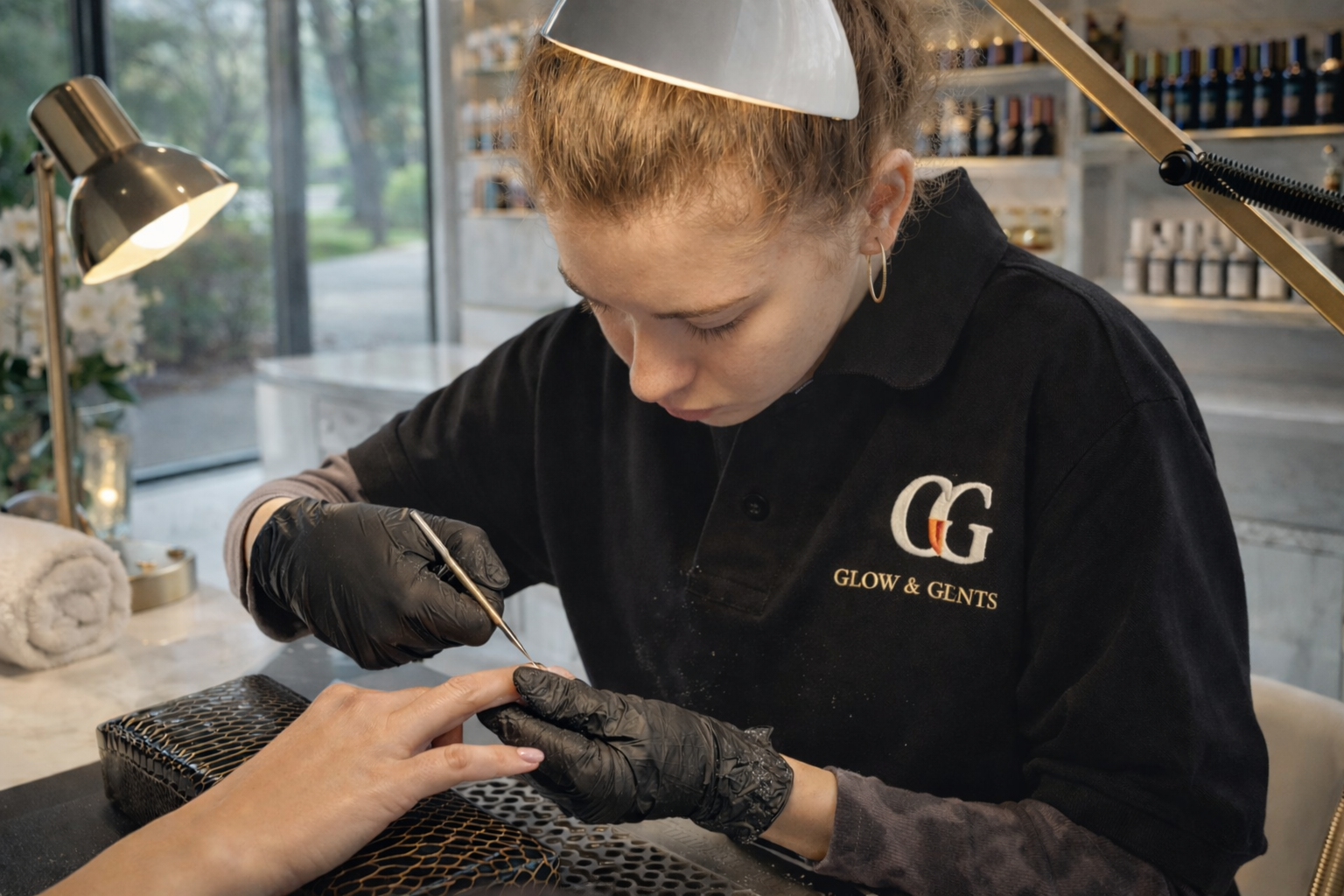 Stylistka paznokci dokładnie opracowuje płytkę paznokcia klientki przy użyciu narzędzi, wykonując manicure w profesjonalnym salonie
