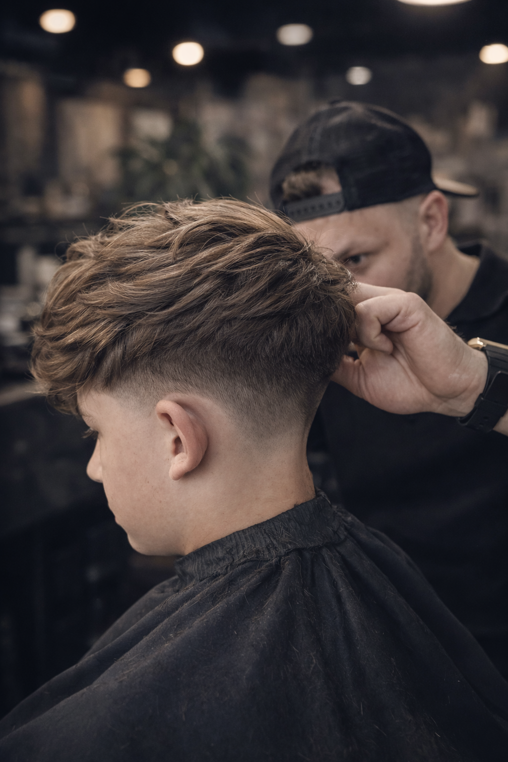 Barber strzyże włosy chłopca, tworząc nowoczesne cieniowanie fade po bokach w profesjonalnym salonie barberskim