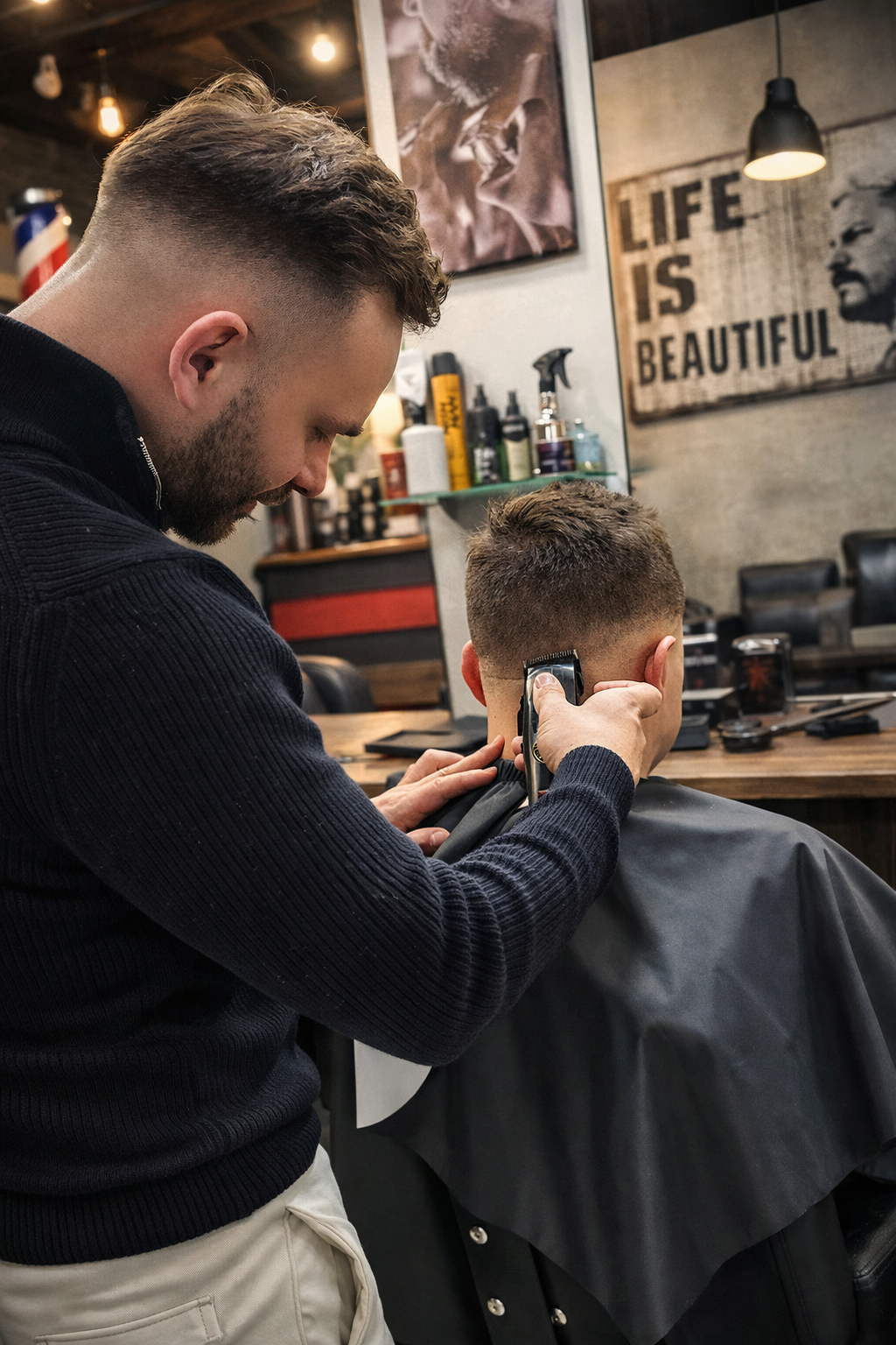 Barber przycina włosy na karku klienta maszynką, wykonując precyzyjne wykończenie fryzury w salonie barberskim