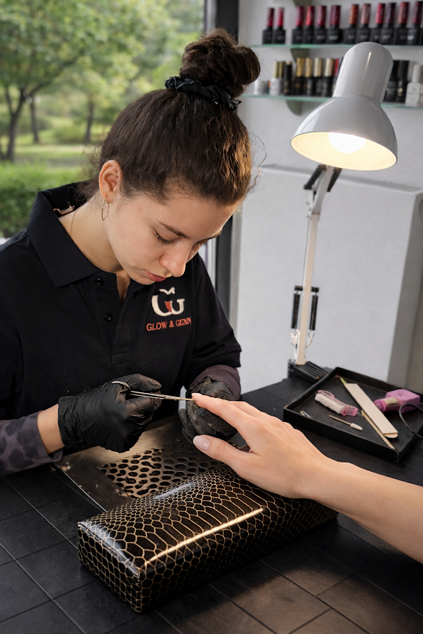 Stylistka paznokci piłuje i modeluje paznokcie klientki przy stanowisku, wykonując profesjonalny manicure w salonie kosmetycznym