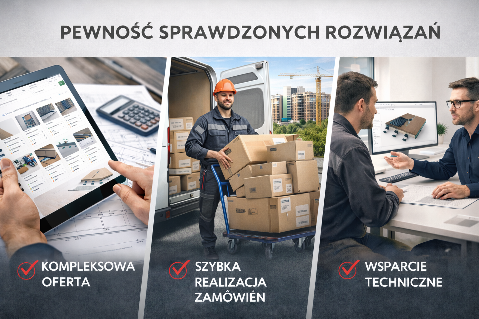Grafika przedstawiająca kompleksową ofertę, szybką realizację zamówień oraz wsparcie techniczne – tablet z ofertą, dostawca z paczkami i konsultacja przy komputerze.