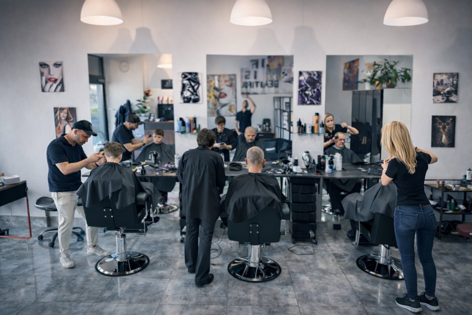 Zespół fryzjerów pracuje przy kilku stanowiskach, obsługując klientów w przestronnym i nowoczesnym salonie fryzjerskim