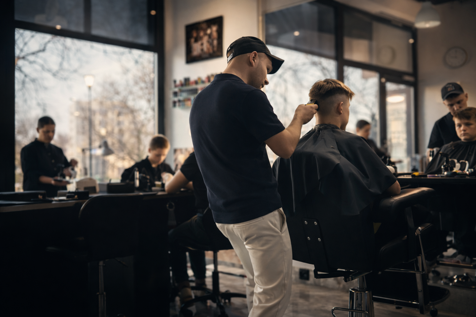 Barber strzyże włosy klienta przy stanowisku w salonie, podczas gdy inni fryzjerzy obsługują klientów w tle