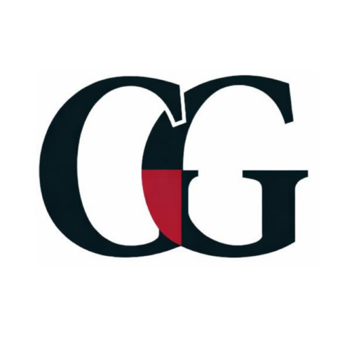 Stylizowane logo GG w kolorze czarnym z czerwonym akcentem, reprezentujące markę Glow & Gents