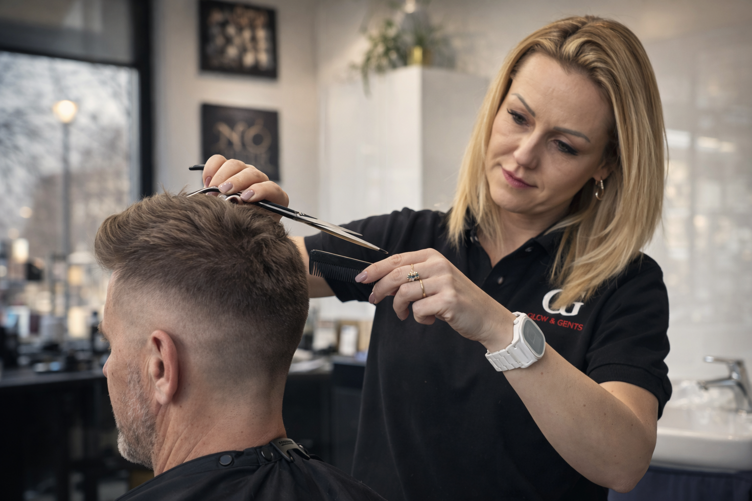 Fryzjerka przycina włosy mężczyzny nożyczkami i grzebieniem, modelując kształt fryzury w profesjonalnym salonie fryzjerskim