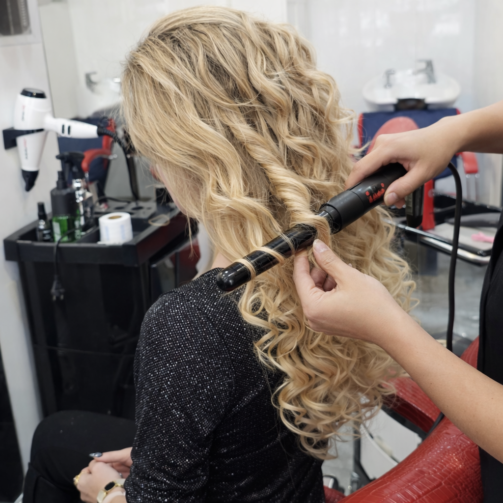 Fryzjer stylizuje długie blond włosy lokówką, tworząc wyraźne, sprężyste loki w profesjonalnym salonie fryzjerskim