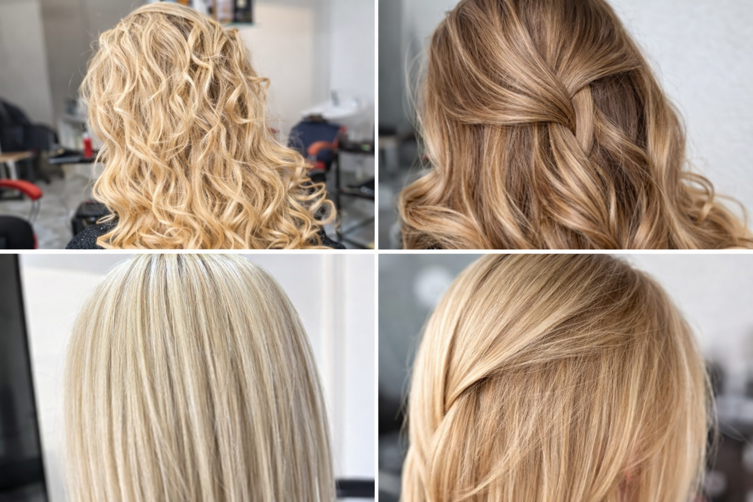 Cztery ujęcia fryzur blond przedstawiające różne stylizacje włosów, w tym fale, upięcia i gładkie wykończenie