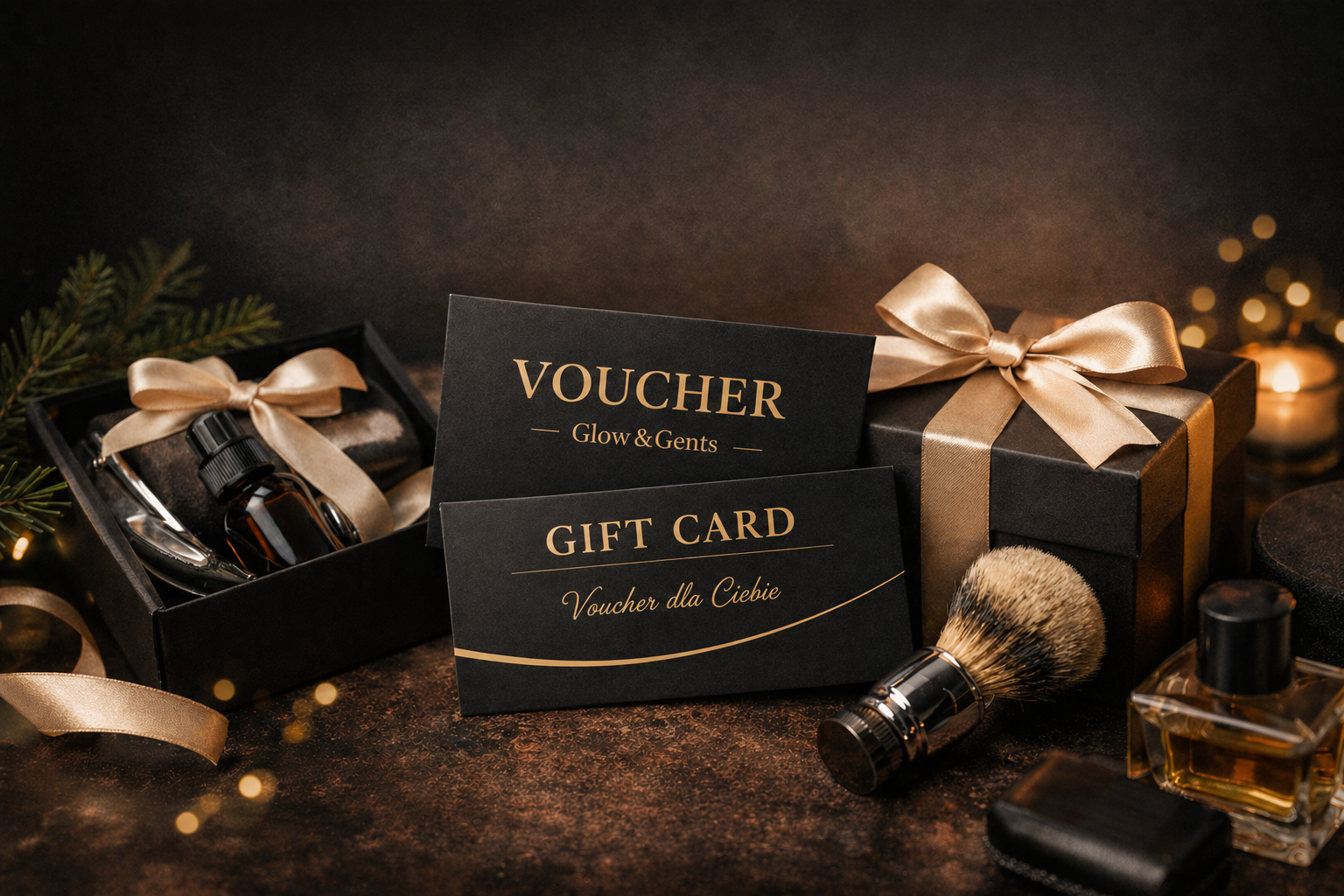 Elegancki voucher i gift card Glow & Gents ułożone obok zapakowanego prezentu oraz akcesoriów do pielęgnacji, tworzące stylową kompozycję prezentową
