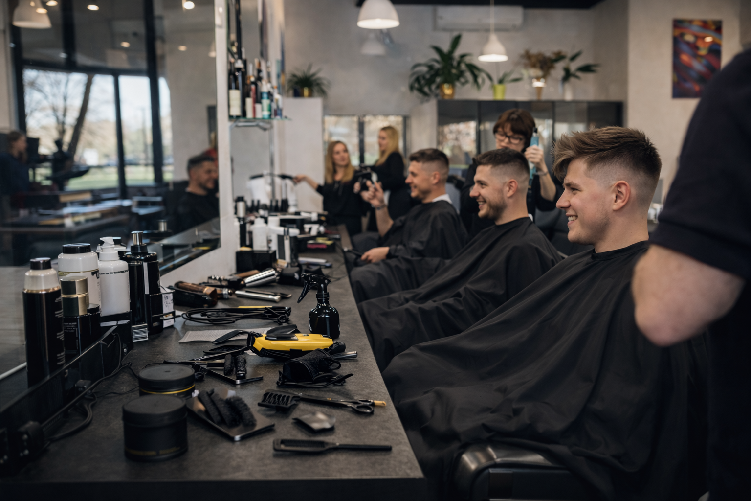 Kilku mężczyzn siedzi w fotelach w salonie barberskim podczas strzyżenia, przy stanowisku z narzędziami i kosmetykami do stylizacji