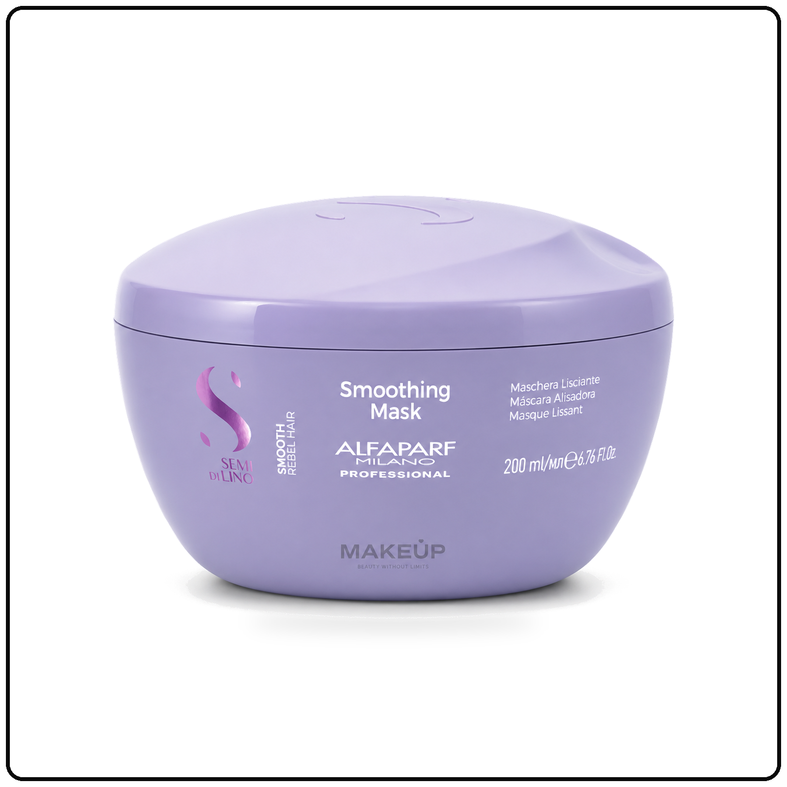 Okrągły fioletowy słoiczek profesjonalnej maski wygładzającej do włosów Alfaparf Semi di Lino Smoothing Mask na białym tle.