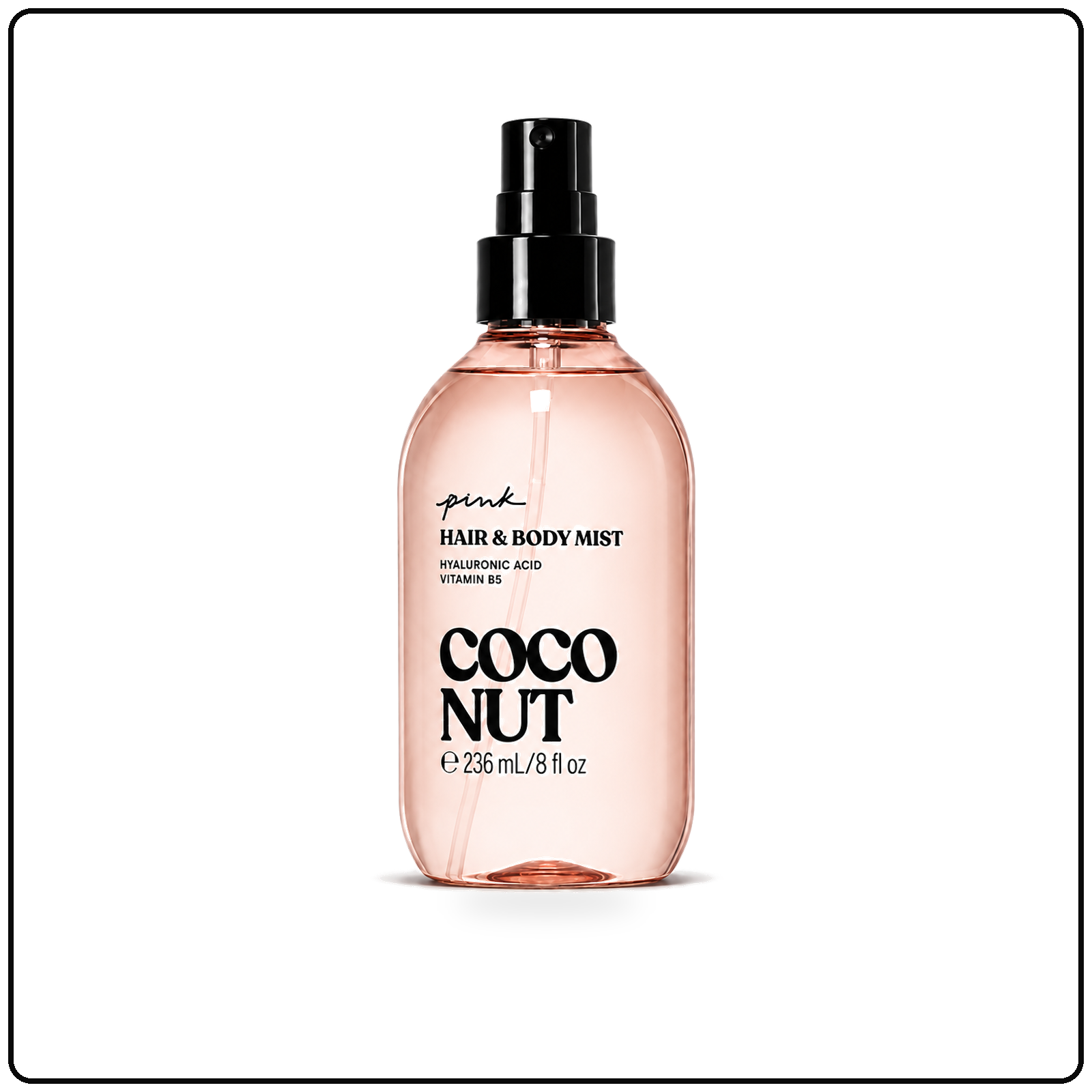 Przezroczysta butelka z atomizerem zawierająca mgiełkę Coconut Hair & Body Mist na białym tle.