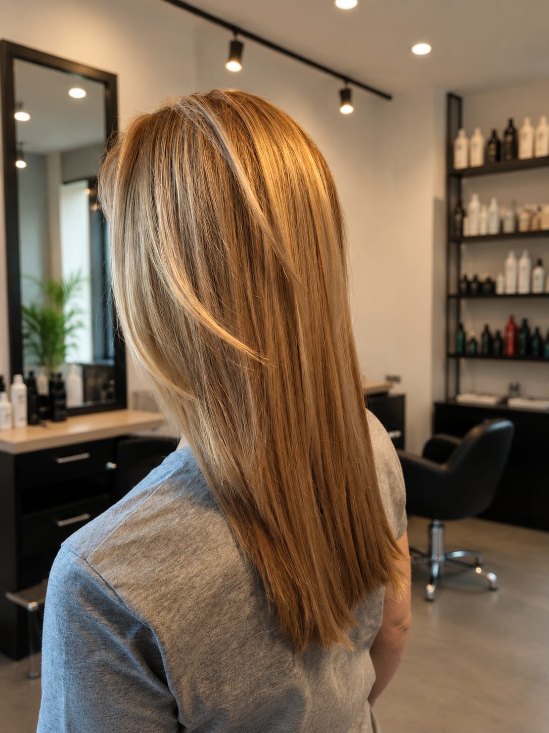 Długie blond włosy z delikatnymi refleksami po koloryzacji w nowoczesnym salonie fryzjerskim.
