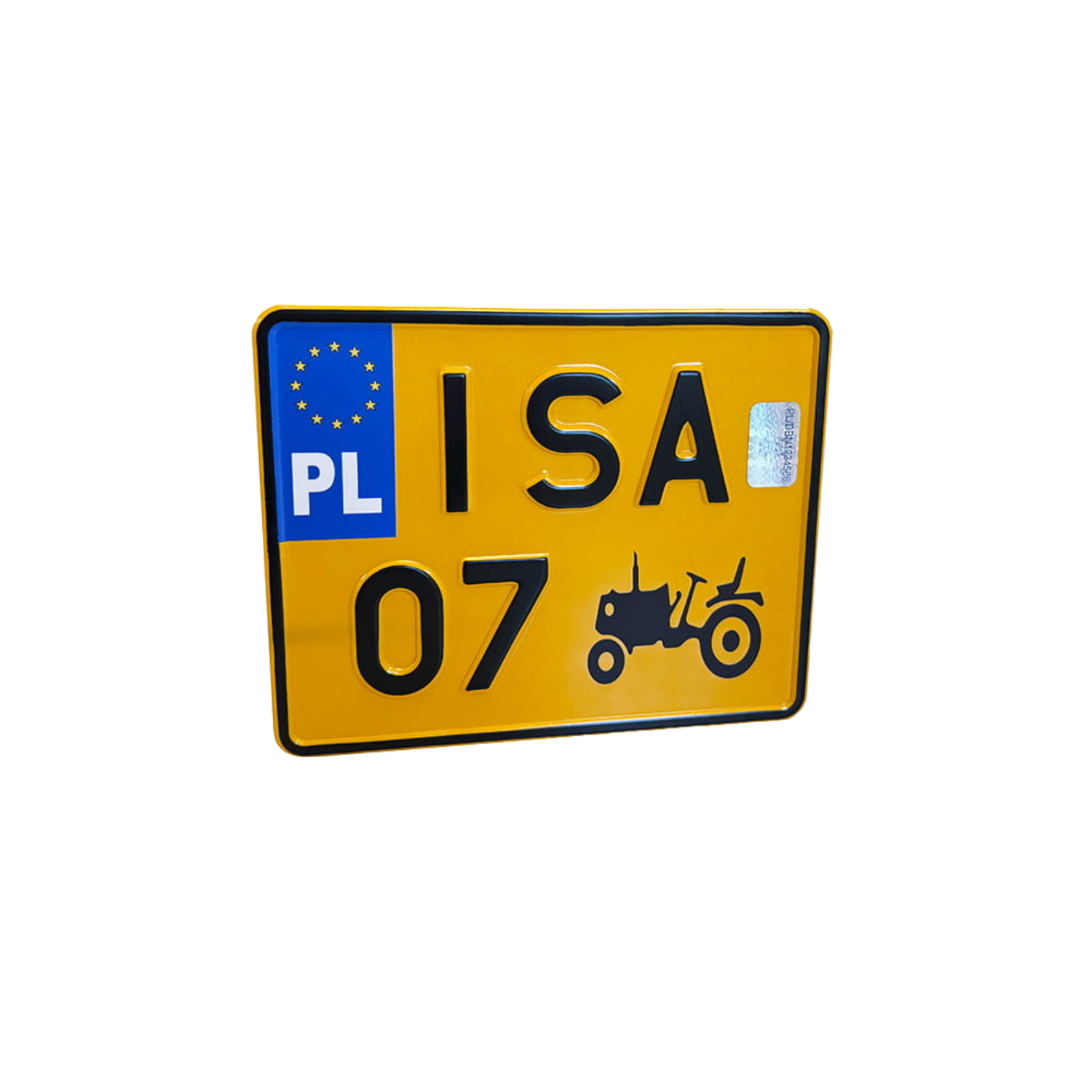 Żółta tablica rejestracyjna z oznaczeniem „ISA 07”, eurobandem PL i symbolem ciągnika.