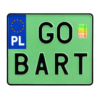Zielona kwadratowa tablica rejestracyjna z czarnym oznaczeniem GO BART, przedstawiona na wprost. Tablica ma niebieski euroband z symbolem Unii Europejskiej i oznaczeniem PL, czarne obramowanie oraz hologram zabezpieczający.