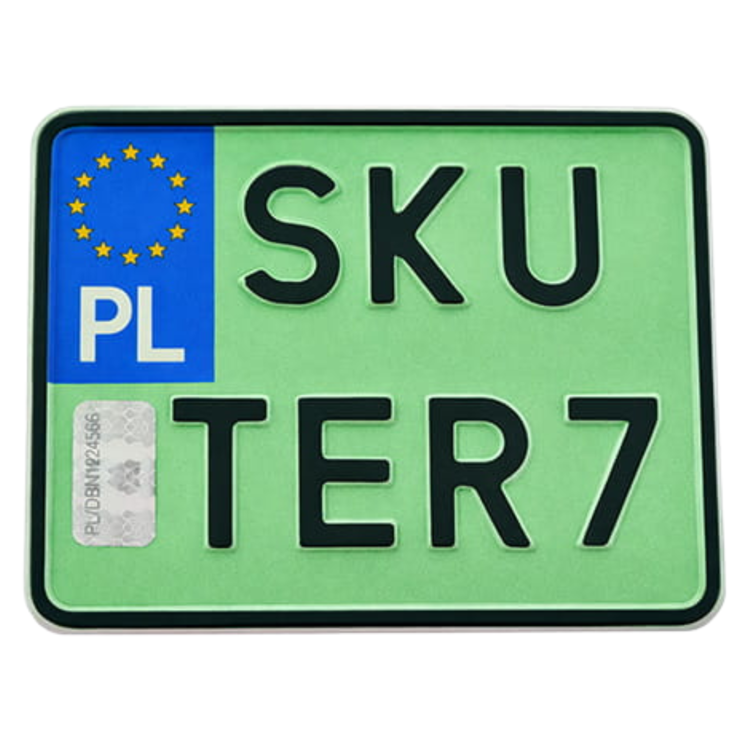 Zielona tablica rejestracyjna z czarnym oznaczeniem SKU TER7, przedstawiona na wprost na białym tle. Tablica ma niebieski euroband z symbolem Unii Europejskiej i oznaczeniem PL oraz hologram zabezpieczający.