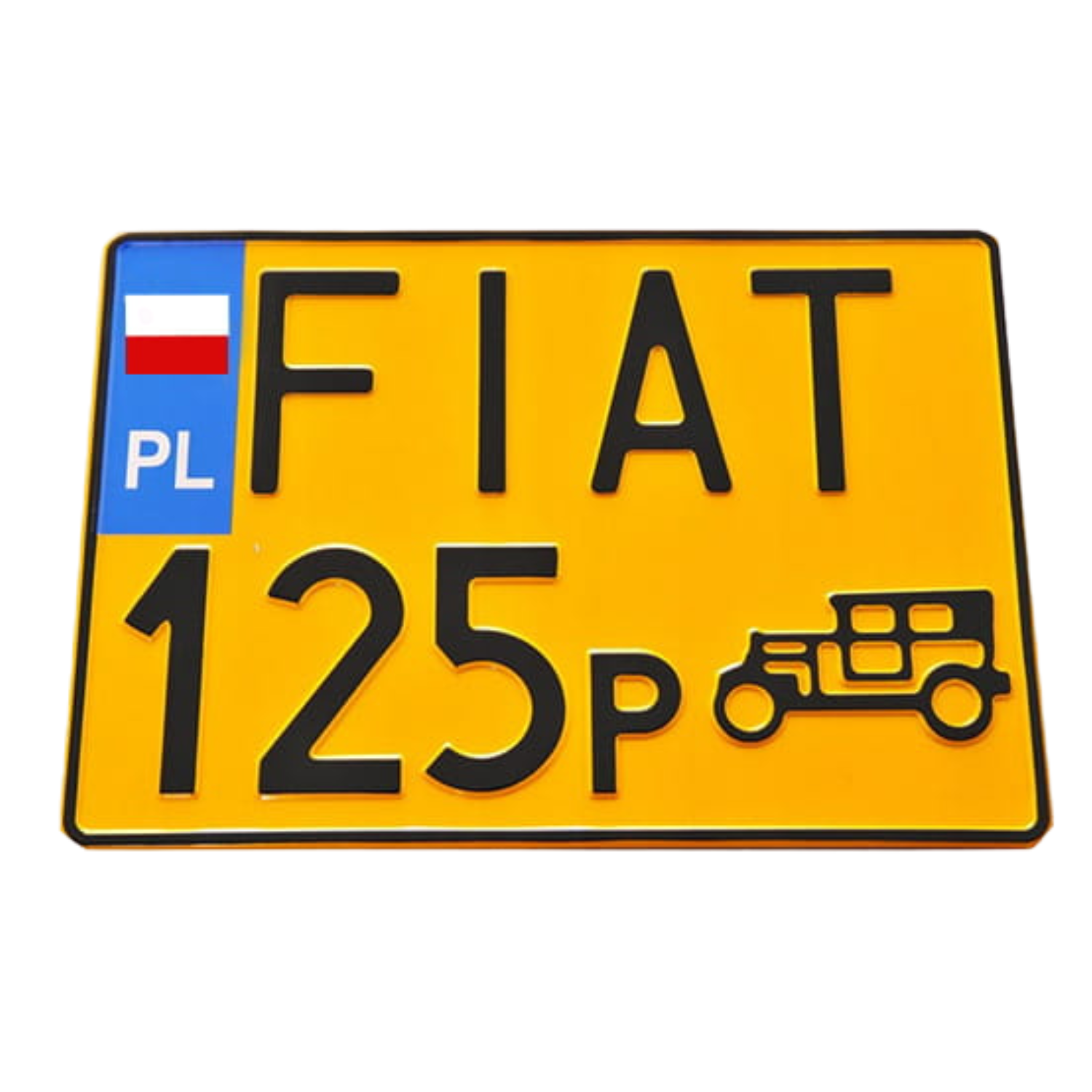 Żółta polska tablica rejestracyjna pojazdu zabytkowego z czarnym napisem „FIAT 125P”, symbolem zabytkowego samochodu oraz niebieskim polem z oznaczeniem PL i polską flagą.